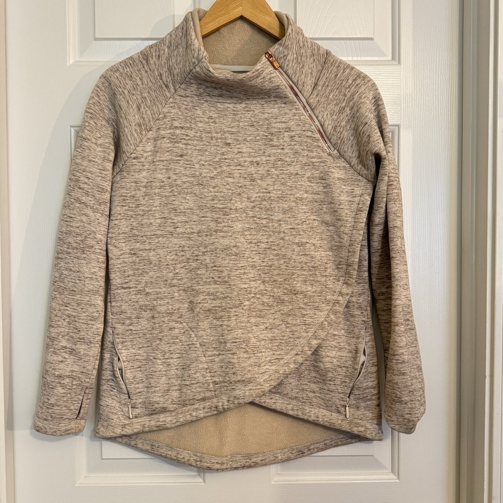 Athleta Cozy Karma Asymmetrical Pullover Sweater XS Thumbholes Cream Heathered‎